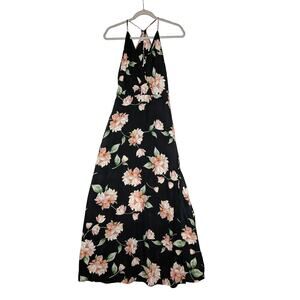 Lush Maxi Dress XS Black Floral Surplice Split Sleeveless Strappy Sundress Lined